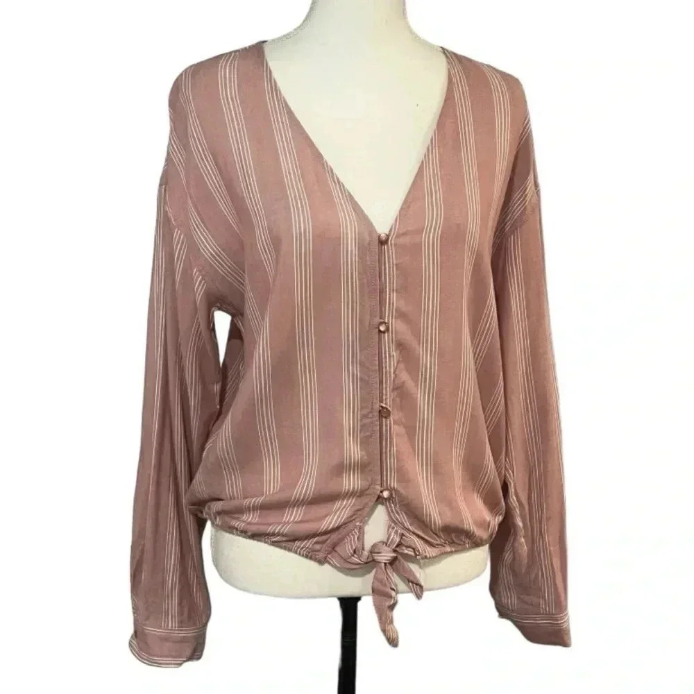Pink Rose Size M Tie Front Button Up V-Neck Striped Blouse Euc